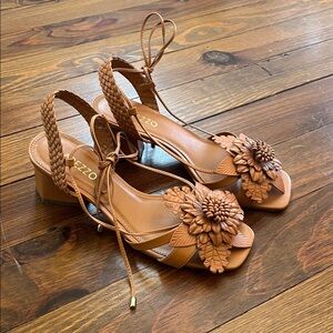 Arezzo Brown Ankle Wrap Heeled Sandal with Flower Detail Size 7.5